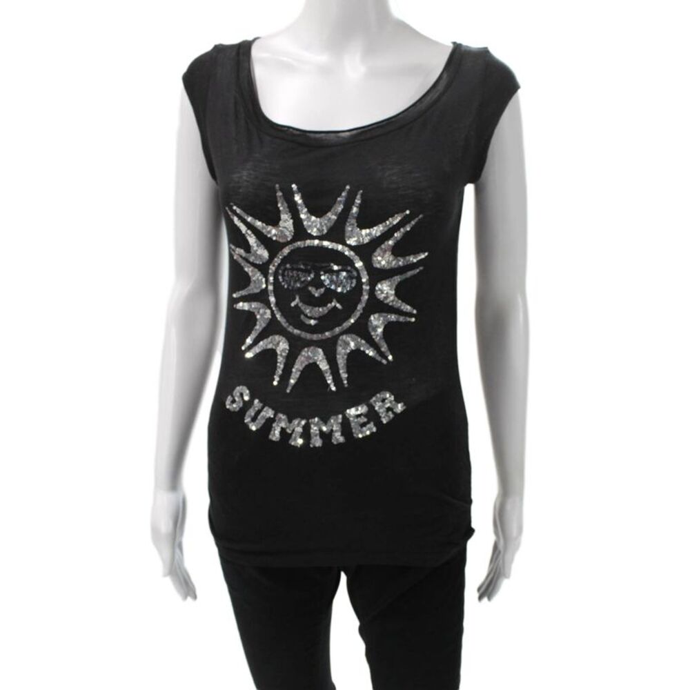 Iisli Womens Basic Scoop Neck Black Polyester T-Shirt Size PP